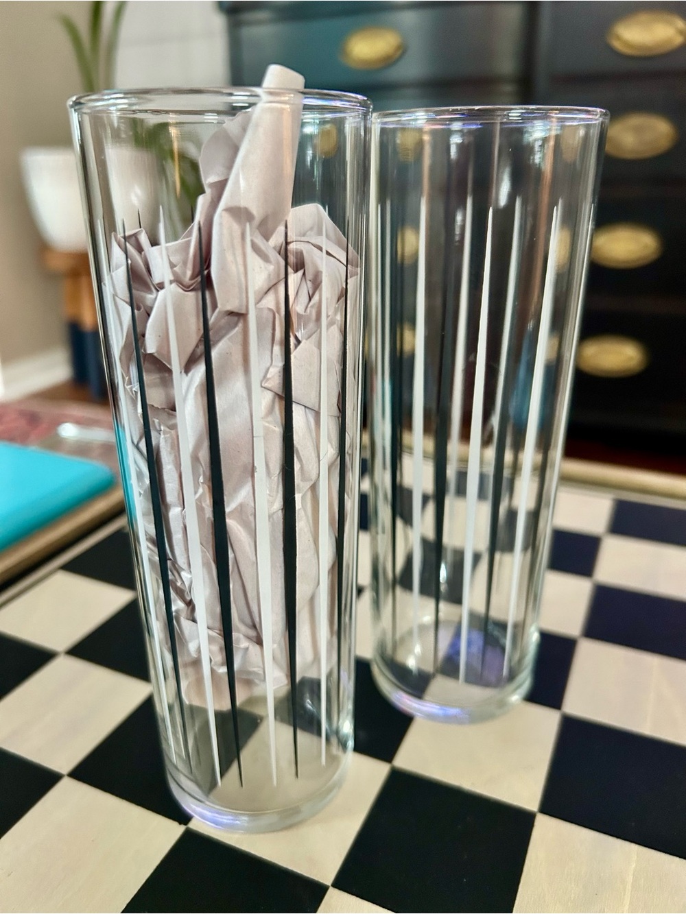Libbey Clear Tom Collin’s Glass Pair with Black and White Vertical Stripes